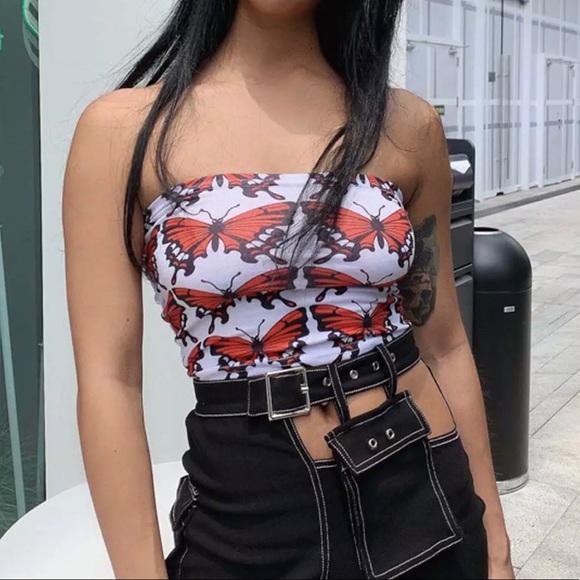 NEW! Orange Butterfly White Black Tube Crop Top🦋 - Picture 3 of 9
